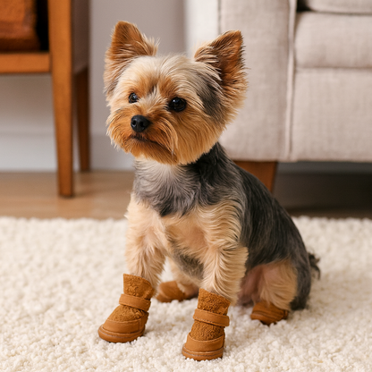 Petit chien de couleur foncé avec des bottes pour chiens de couleur brune. Le chien est assis sur un tapis blanc avec en fond un canapé gris. image produit Boutiquechien