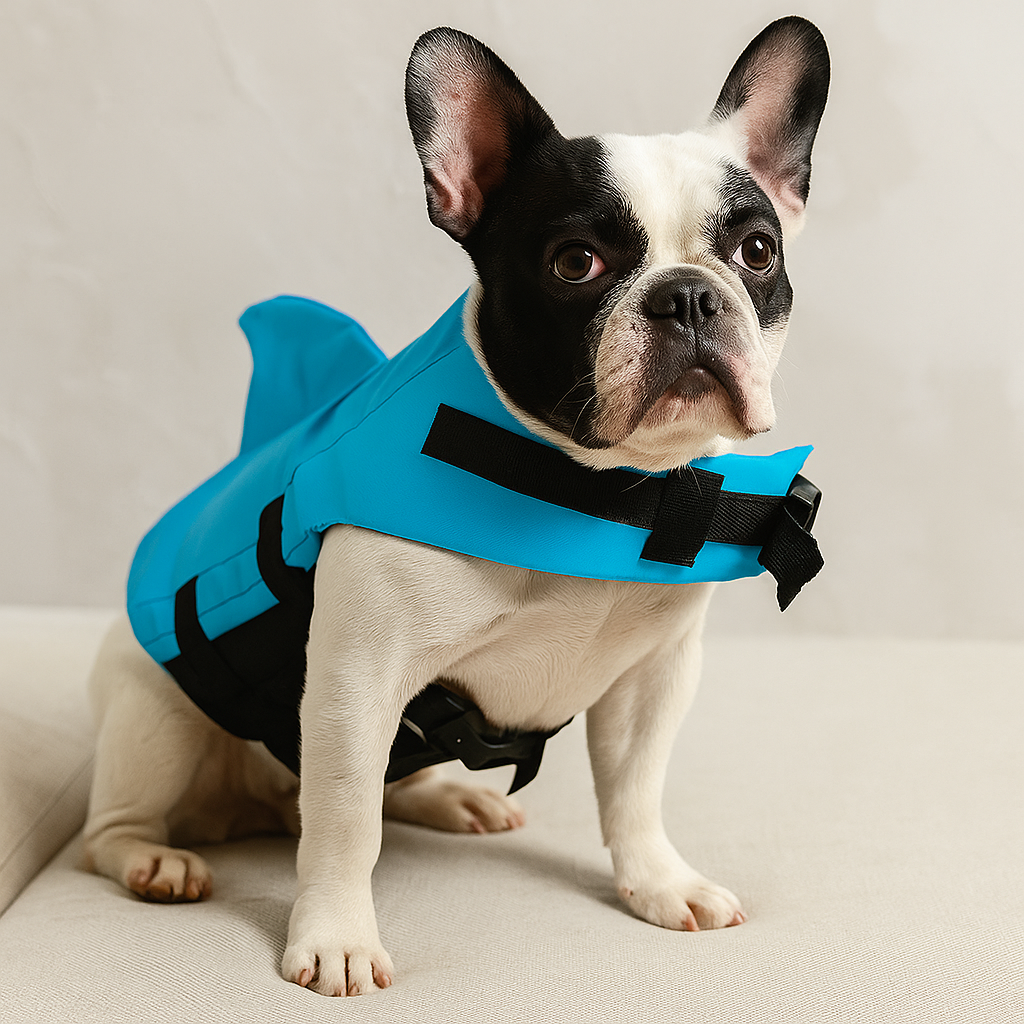 Buldog blanc et noir portant un gilet de sauvetage pour chien de couleur bleu et noir en forme de requin. Image produit Boutiquechien Image