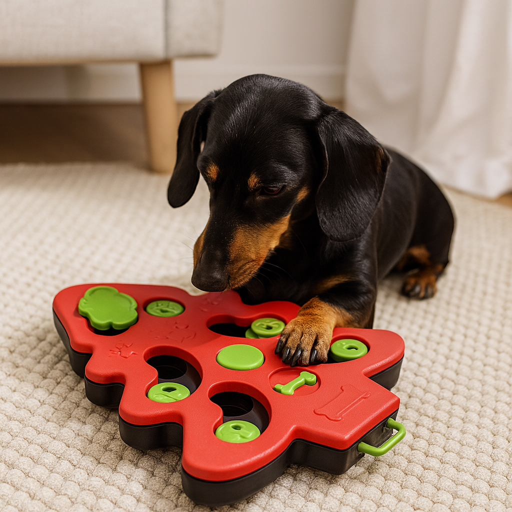 Petit chien de couleur noir et brun couché sur un tapis de couleur gris. Le chien à une patte sur le puzzle pour chien avec en fond un canapé gris. image produit boutiquechien Image