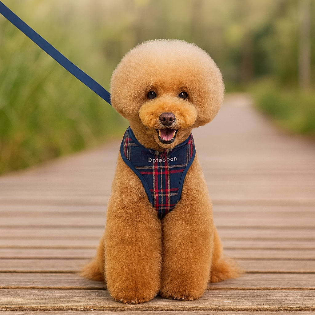 Petit chien brun avec un harnais petit chien en y bleu a carreau rouge assis sur un chemin en bois. Image produit Boutiquechien