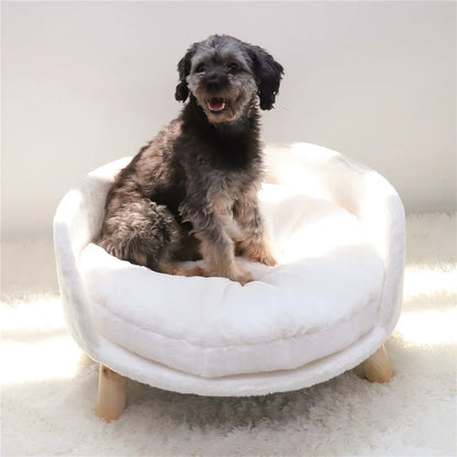 chien noir sur un canapé de couleur blanc assis dessus. Image produit Boutiquechien