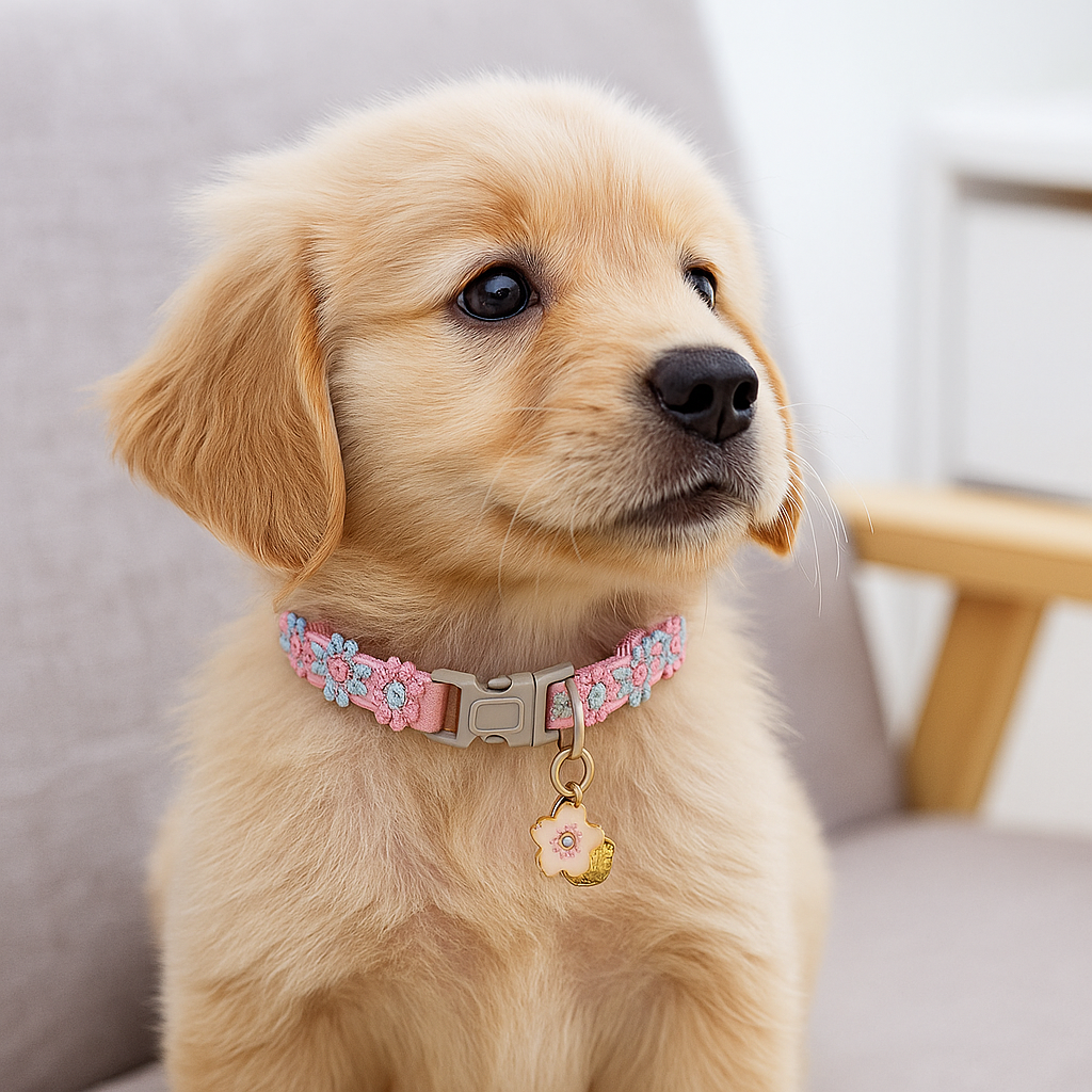 Chiot portant le collier femelle rose assis sur un canapé gris. Image produit Boutiquechien