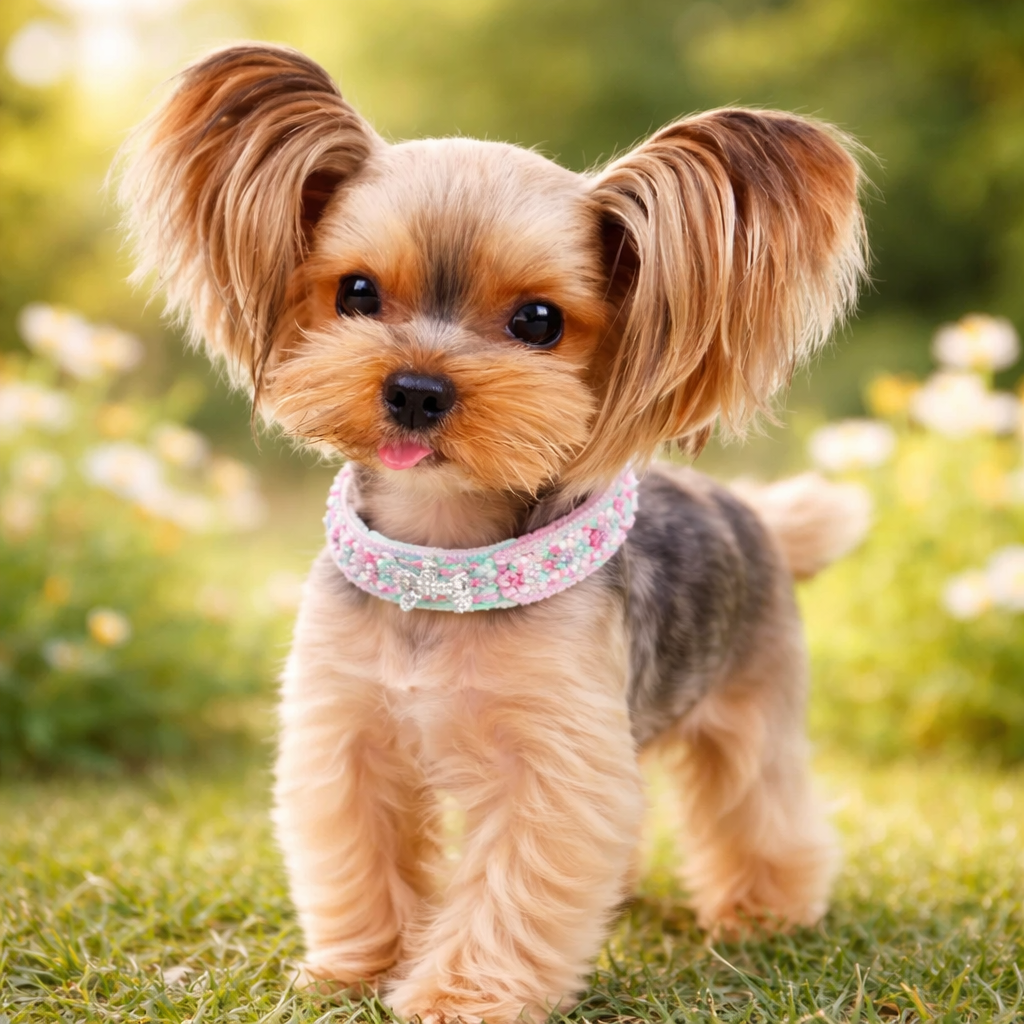 Petit chiot de couleur brun portant un collier chiot rose dans l'herbe verte