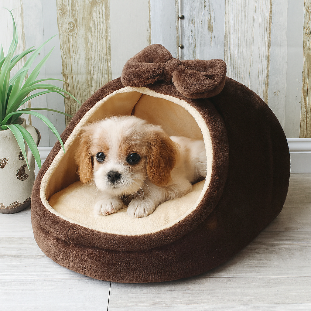 Petit chiot de couleur brun et blanc couché dans un petit nid de couleur brun et blanc. Le panier est posé près d'une plante verte. Image produit Boutiquechien  Image