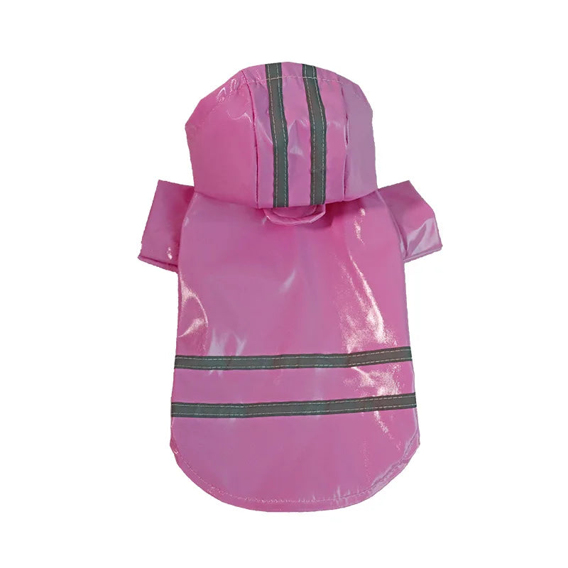 Petit imper pour chien de couleur rose avec des bandes réfléchissante de couleur grise. Image produit Boutiquechien
