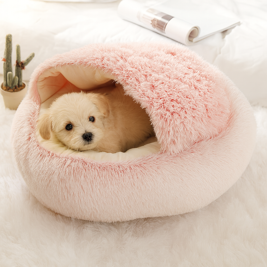 petit panier de couleur rose douillet avec un petit chien de couleur blanc dans un fond blanc