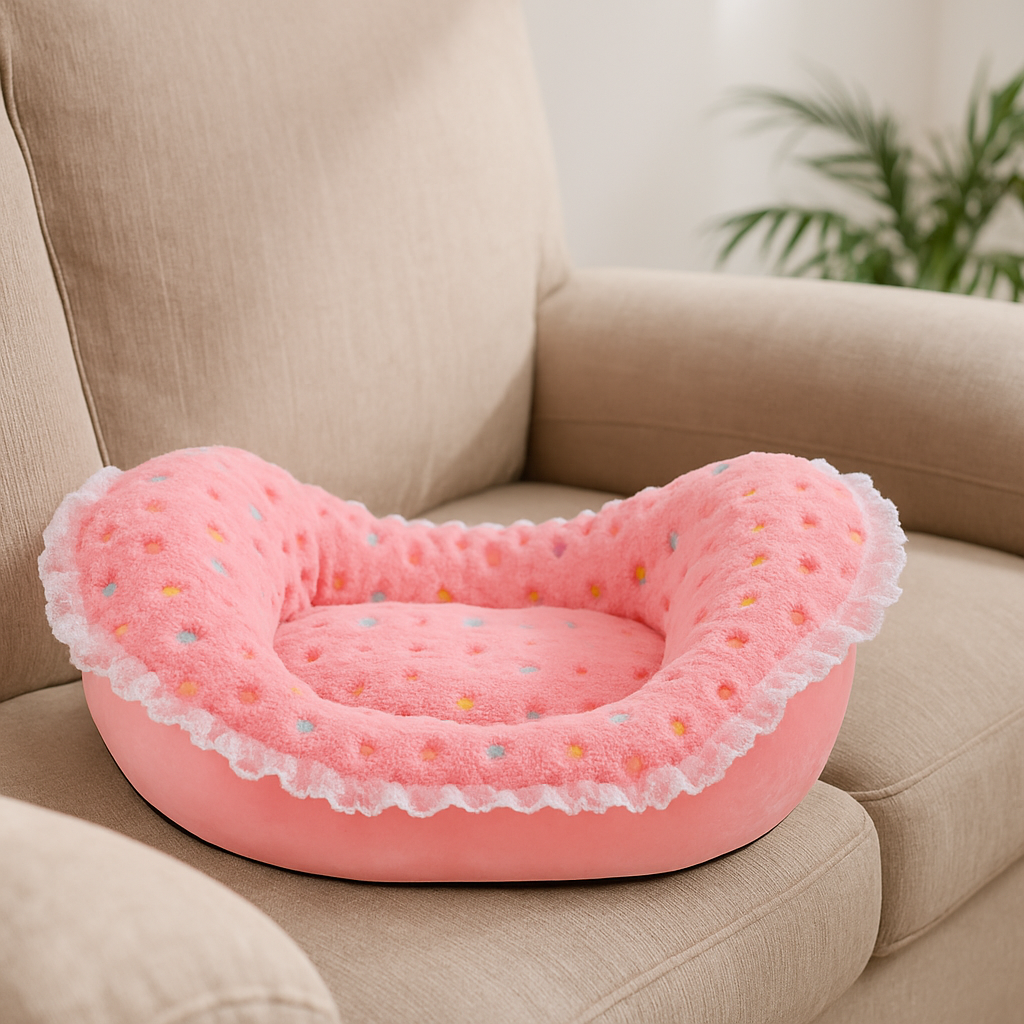 Panier pour petit chien de couleur rose sur un canapé gris