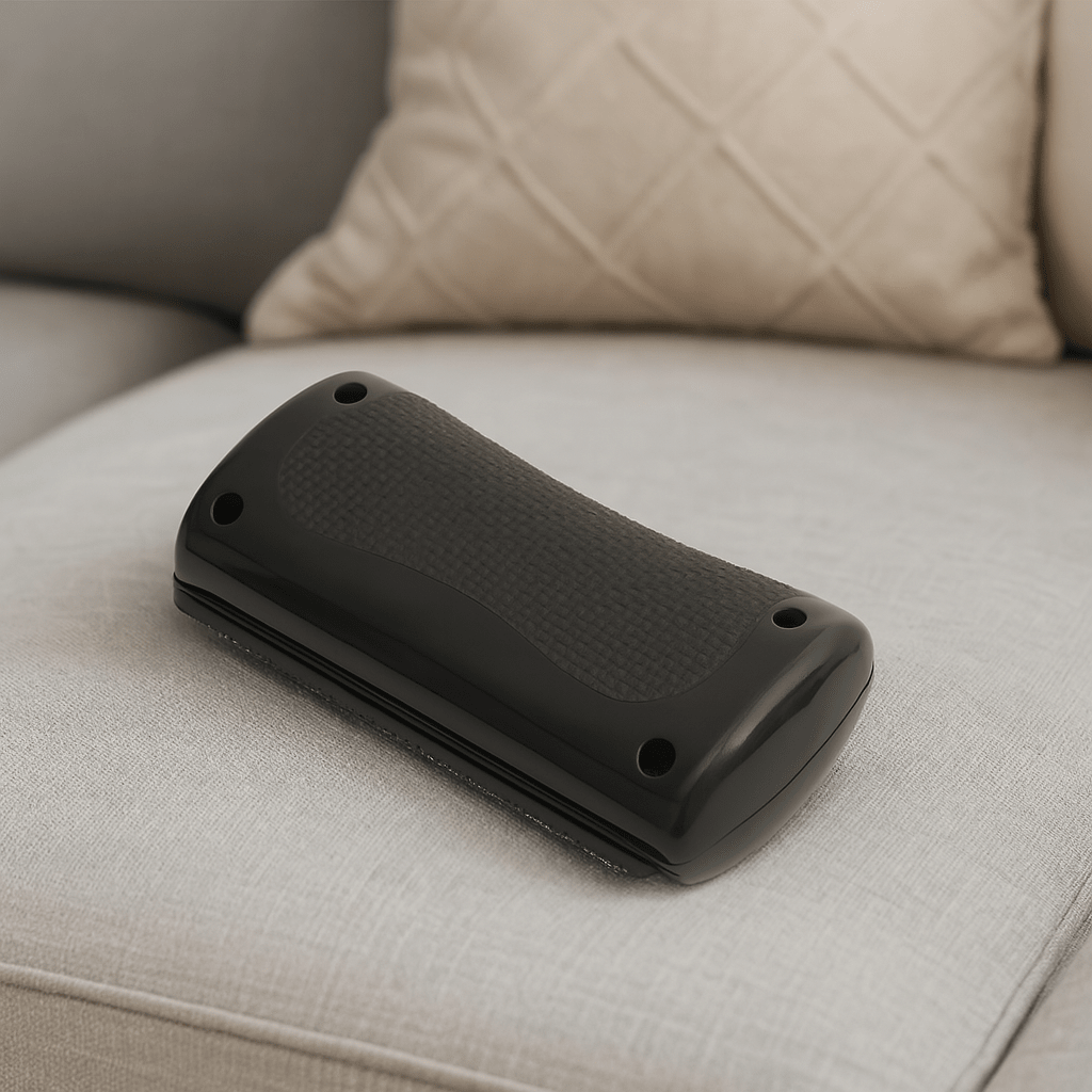 Petit brosse pour chien de couleur noir posé sur un canapé de couleur beige. Image produit Boutiquechien