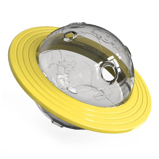 Planète jouet intellectuel pour chien de couleur jaune avec des friandises dedans. Image produit Boutiquechien