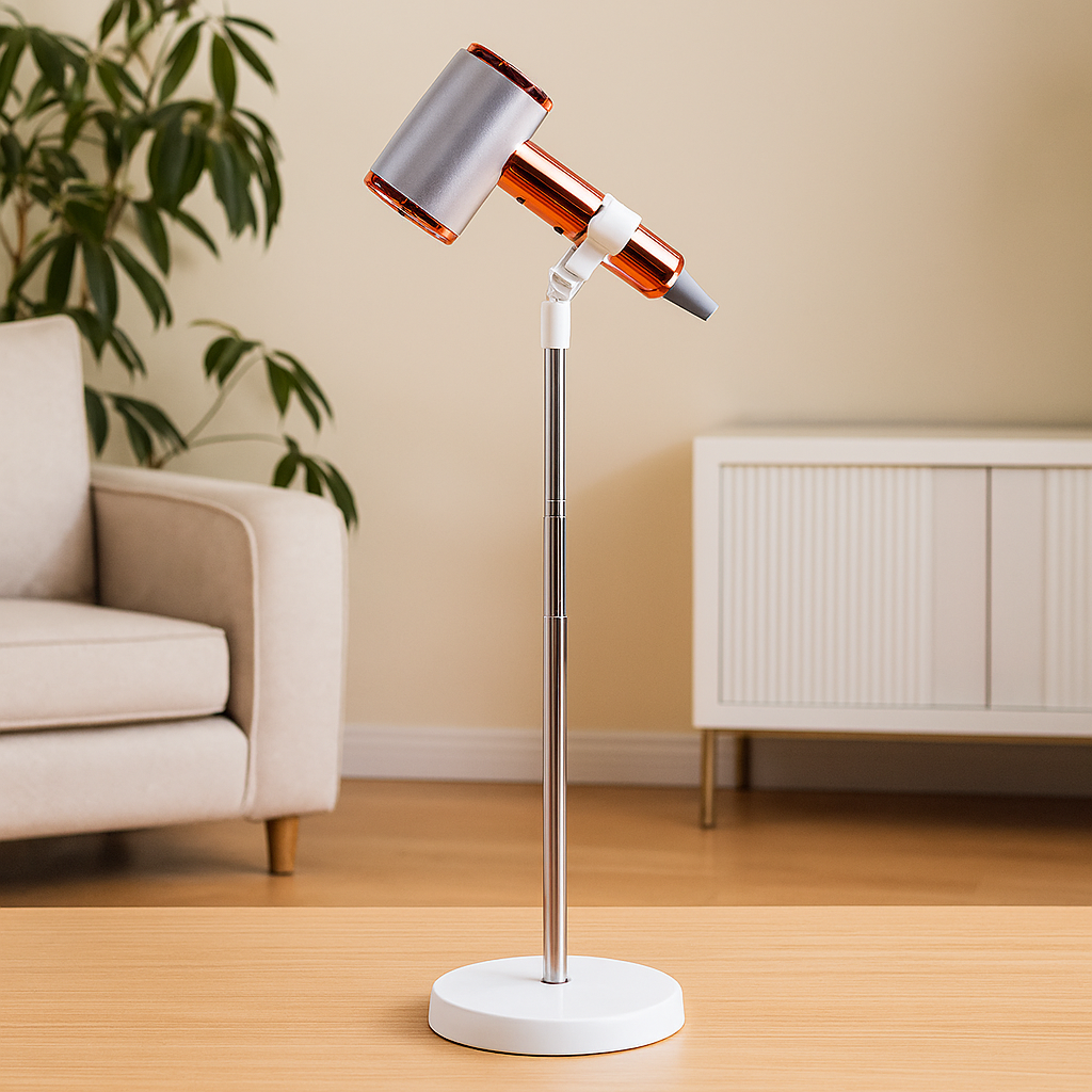 porte sèche poil de couleur blanc tenant un sèche cheveu de couleur rouge et gris. Le produit est posé dans un salon de couleur claire avec un canapé et un meuble blanc. Image produit Boutiquechien Image