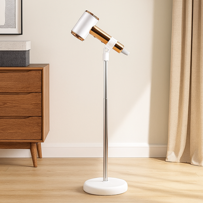 porte sèche cheveu de couleur blanc réglable avec un meuble bois.Image produit Boutiquechien