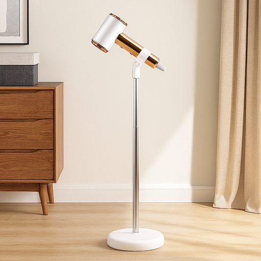 porte sèche cheveu de couleur blanc réglable avec un meuble bois.Image produit Boutiquechien
