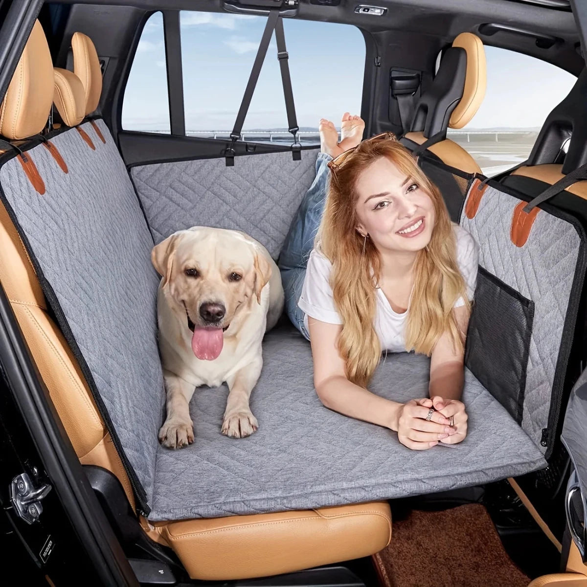 Protection voiture chien rigide gris avec chien et femme