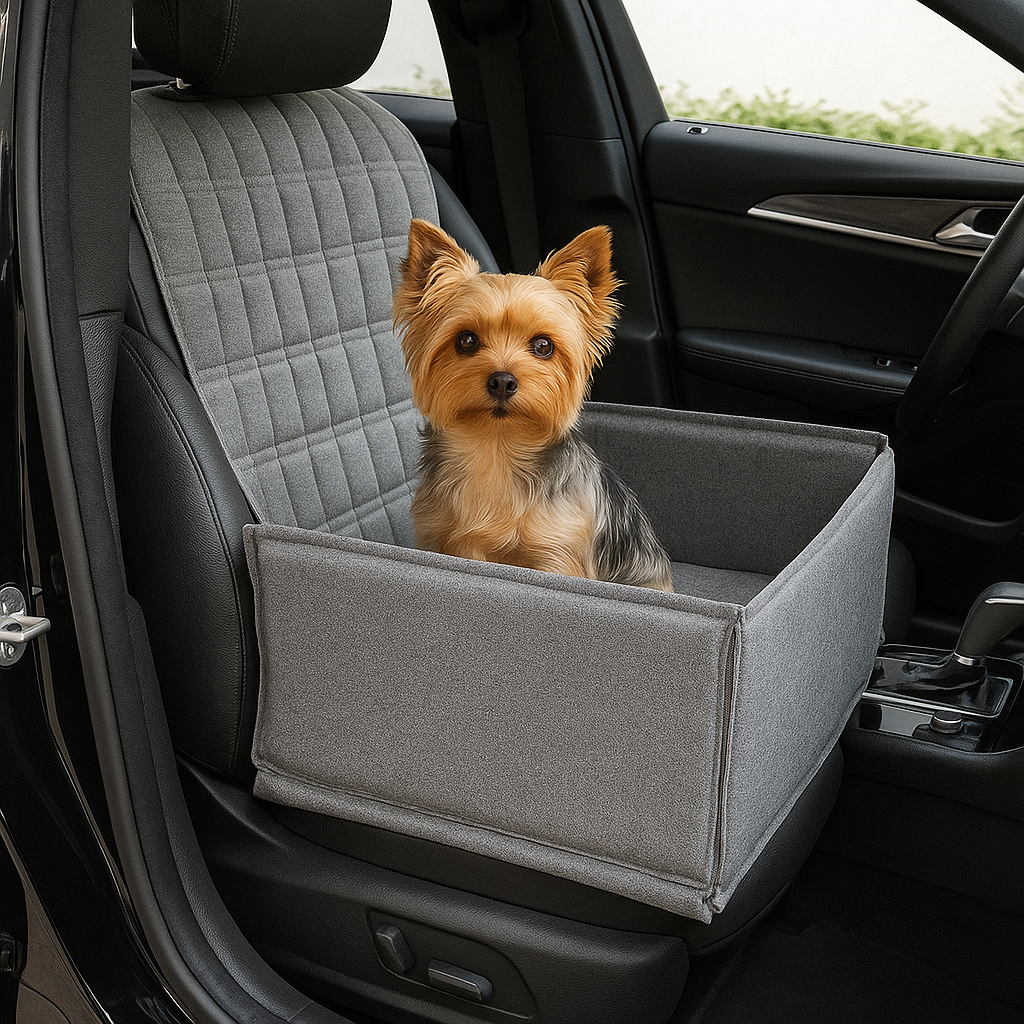 protection de siege pour chien avec un petit chien de couleur brun. La protection de siège est couleur grise et elle est posé dans un intérieur de voiture de couleur noir. Image produit Boutiquechien  Image