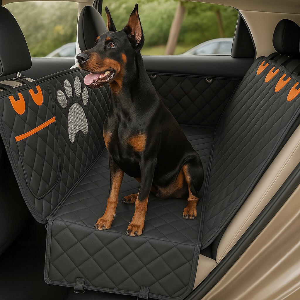 Protection de siège pour chien de couleur noir avec des rappels orange posé dans une voiture de couleur claire. Sur le siège il y a un Doberman de couleur noir et brun assis. Image produit Boutiquechien Image