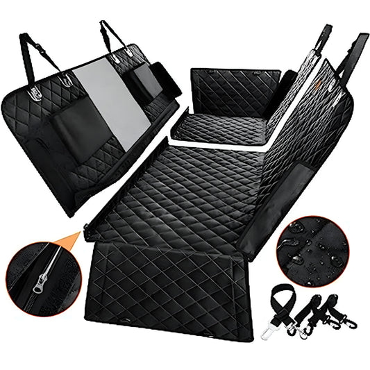 Protection de siège pour chien de couleur noir avec de nombreux rangement pour transporter son chien facilement et en toutes sécurité. Le produit est waterproof et il est facilement amovible. Image produit Boutiquechien