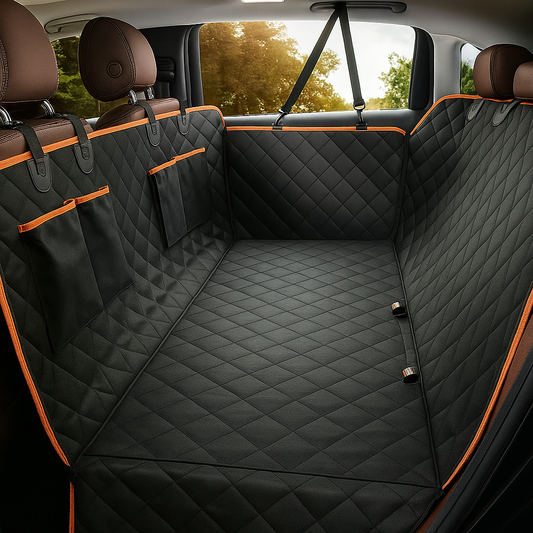 protection de siège pour chien de couleur noir et orange mis en valeur dans une voiture avec des sièges brun. Image produit Boutiquechien