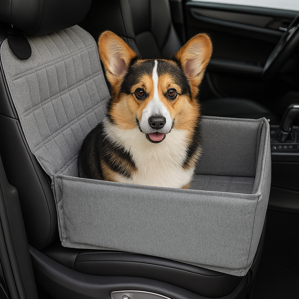 chien moyen de plusieurs couleurs dans un panier de protection pour chien de couleur gris dans une voiture de couleur noir. Image produit Boutiquechien Image