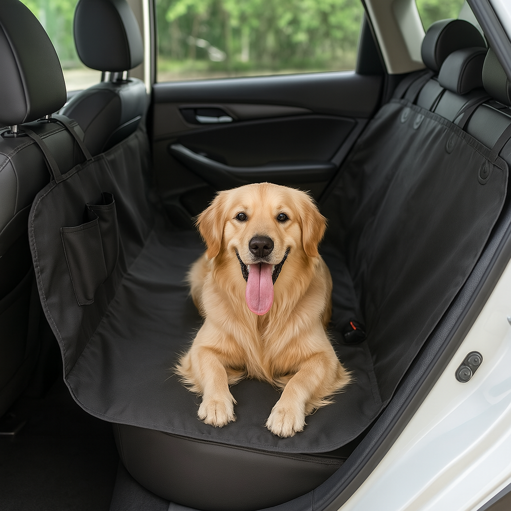 golden retriever de couleur claire couché sur une protection de siège arrière de couleur noir sur des sièges de couleur noir. Image Produit Boutiquechien Image