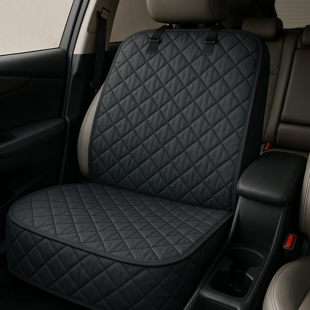 protection de siege pour chien de couleur noir posé sur un siège de voiture de couleur beige. La protection de siège est tenu par le repose tête de la voiture. Image produit Boutiquechien Image