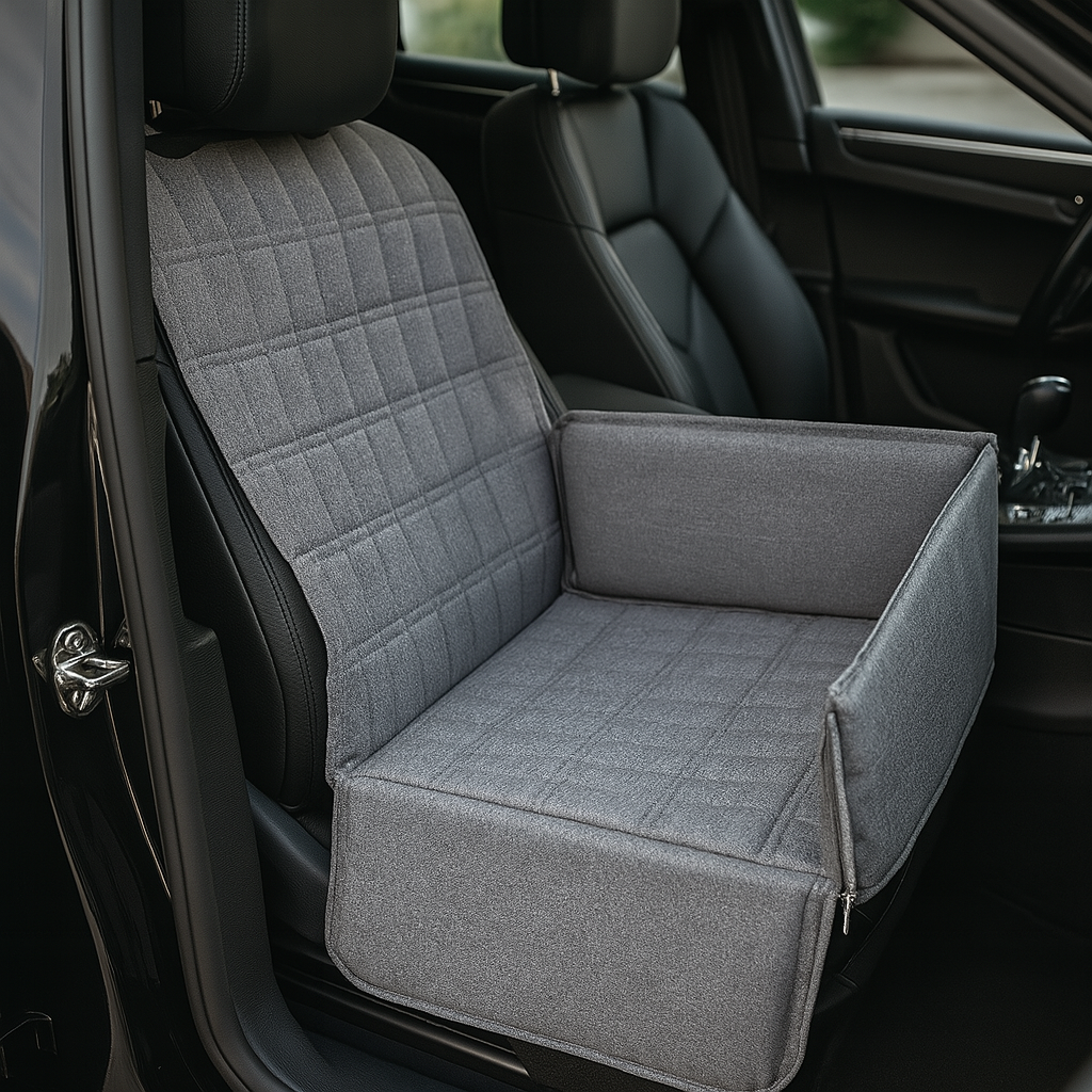 protection de siège pour chien de couleur grise posé dans une voiture avec un intérieur de couleur noir. Image produit Boutiquechien Image