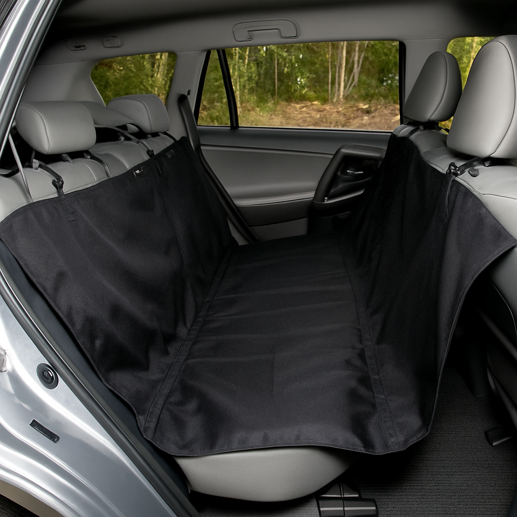 Protection de siège pour chien de couleur noir posé dans une voiture de couleur grise. La protection est tenu par les appuies tête de la voiture. Image produit Boutiquechien Image