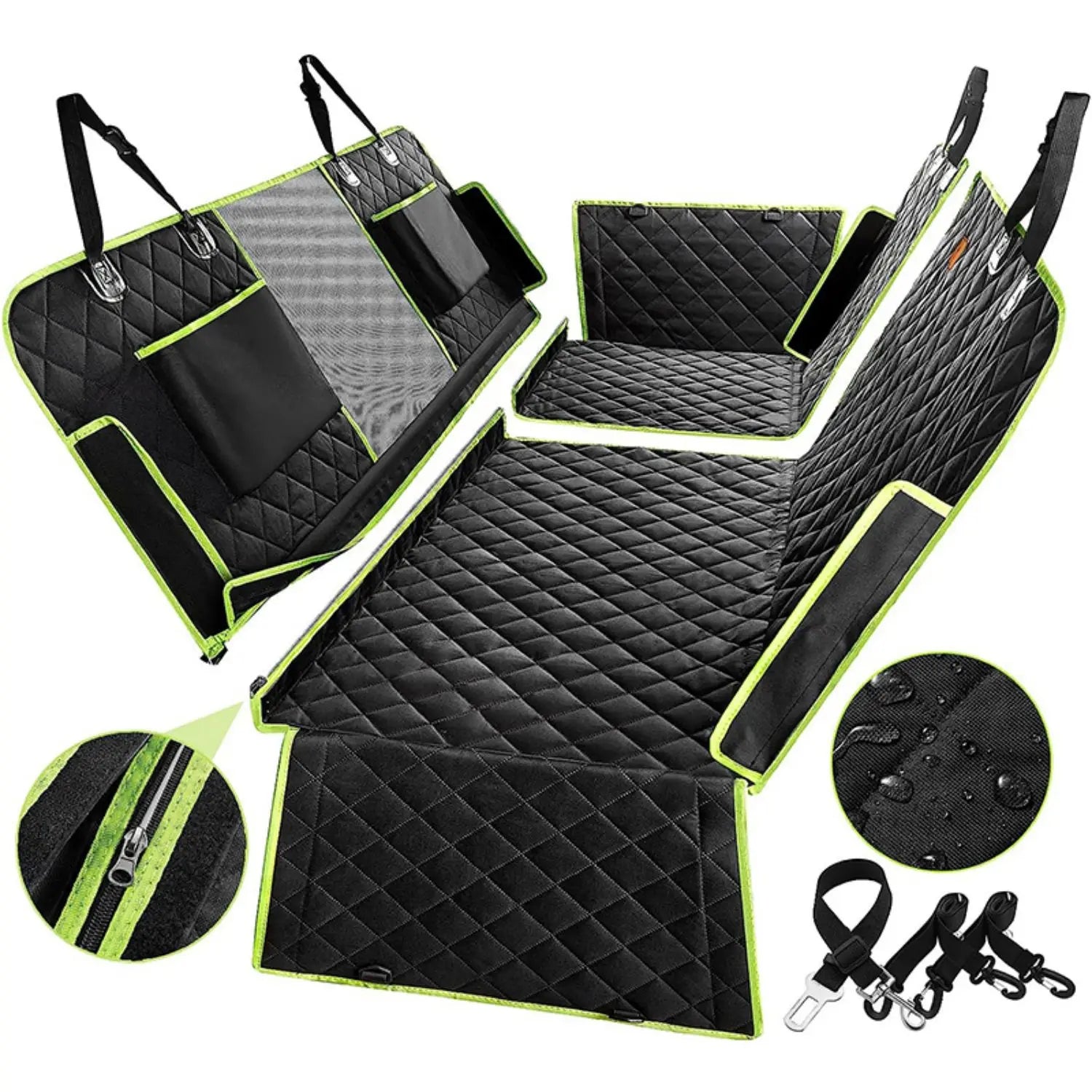 Protection de siège pour chien de couleur vert avec de nombreux rangement pour transporter son chien facilement et en toutes sécurité. Le produit est waterproof et il est facilement amovible. Image produit Boutiquechien