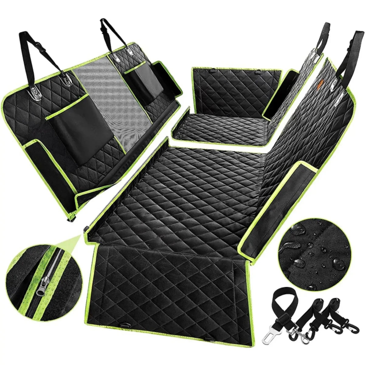 Protection de siège pour chien de couleur vert avec de nombreux rangement pour transporter son chien facilement et en toutes sécurité. Le produit est waterproof et il est facilement amovible. Image produit Boutiquechien