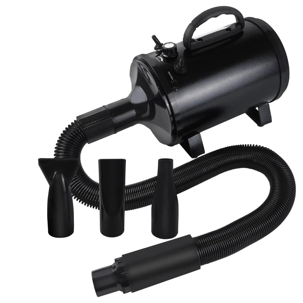 Pulseur chien de couleur noir avec plusieurs embouts de couleurs noir pour un séchage parfait. Le pulseur chien est silencieux et performant parfait pour les salons de toilettages Image produit Boutiquechien