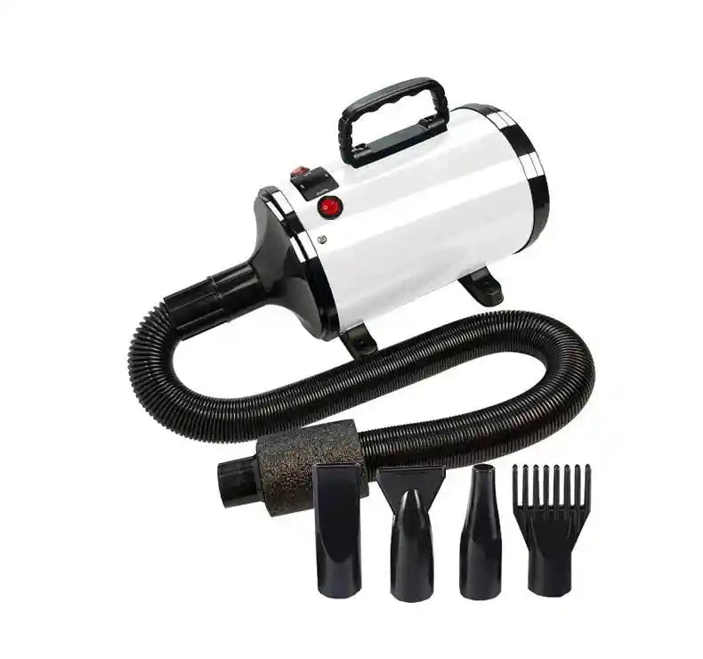 Pulseur chien blanc et noir avec différentes buses pour sécher votre chine parfaitement. Le pulseur possède une poignée noir. Image produit Boutiquechien