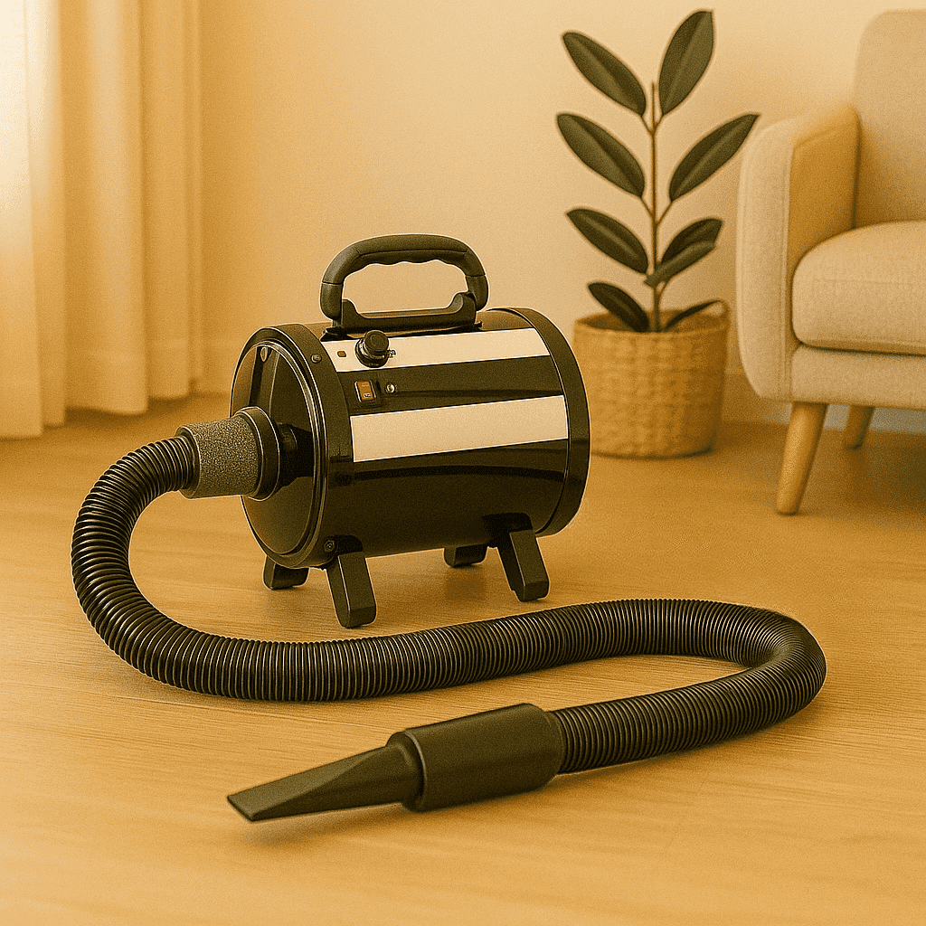 Pulseur chien noir dans un salon dans lequel il y a un canapé blanc et une plante verte. Image produit Boutiquechien