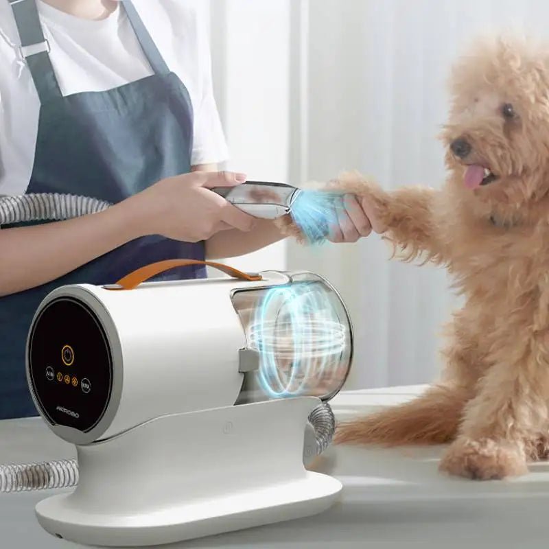 plusieurs pro pour chien silencieux de couleurs blanc. Le pulseur pour chien est utilisé sur un petit chien roux. Image produit de boutiquechien