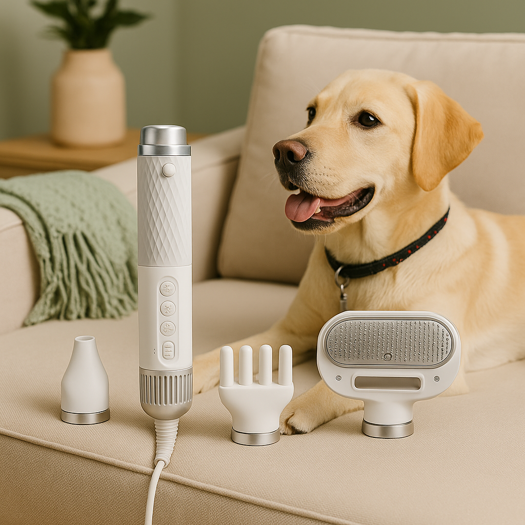 Golden retriever derrière son pulseur et ses accessoires. Le chien est couché sur un canapé moelleux. Image produit BOutiquechien