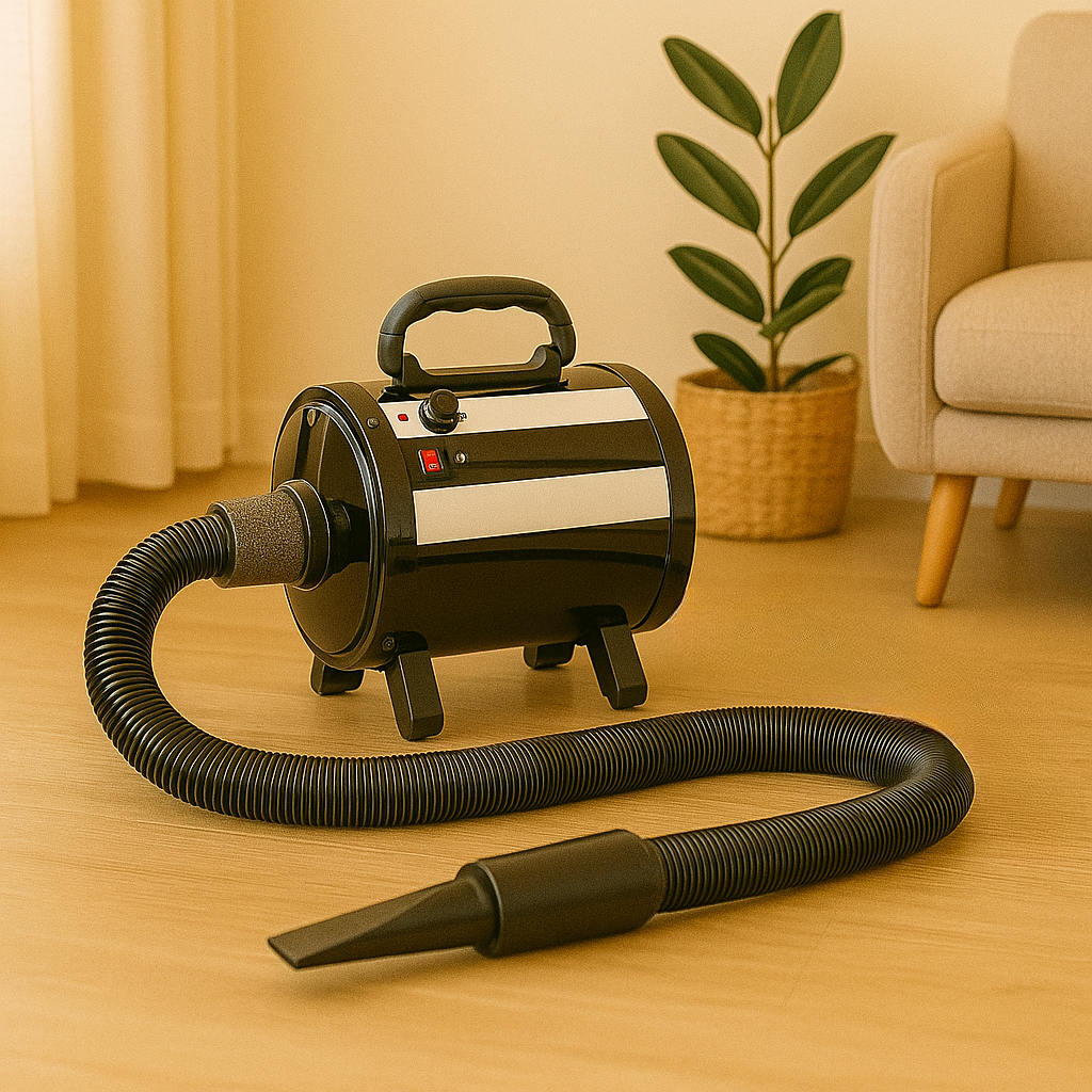 Pulseur chien noir dans un salon dans lequel il y a un canapé blanc et une plante verte. Image produit Boutiquechien