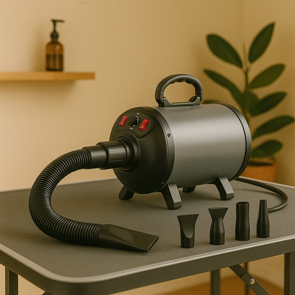 Pulseur chien professionnel dans un salon de toilettage pour chien sur une table gris. Image produit Boutiquechien