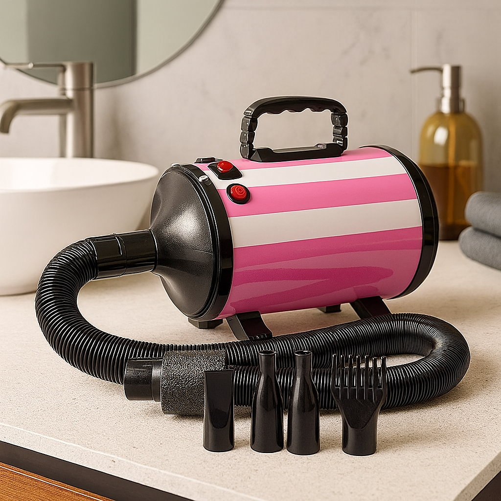 Pulseur pour chien de couleur rose et noir avec des accessoires posé devant lui. Le pulseur est posé dans une salle de bain avec un évier blanc. Image produit Boutiquechien