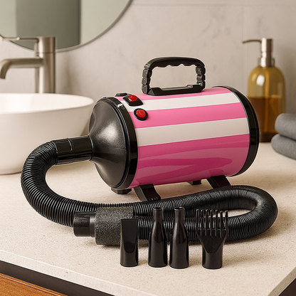 Pulseur pour chien de couleur rose et noir avec des accessoires posé devant lui. Le pulseur est posé dans une salle de bain avec un évier blanc. Image produit Boutiquechien