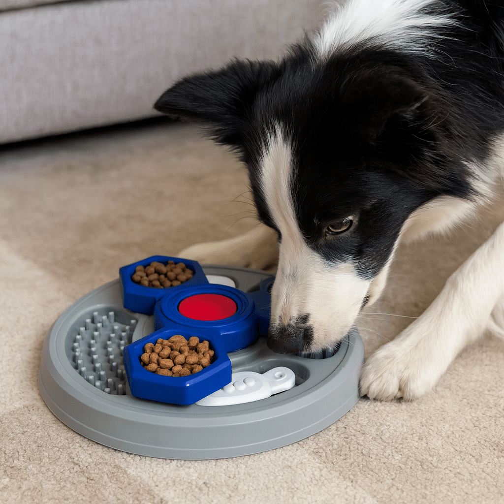 Puzzle pour chien de couleur gris et bleu foncé posé dans un salon claire. Un chien blanc et noir joue avec le produit. Image produit Boutiquechien