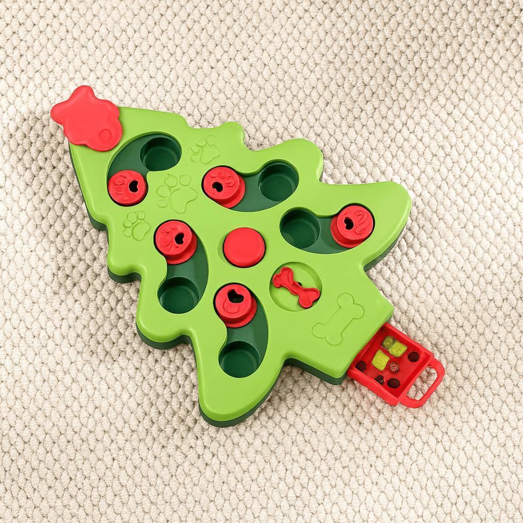 Puzzle pour chien en forme de Sapin de Noel de couleur vert. Le produit est posé sur un tapis gris. image produit boutiquechien