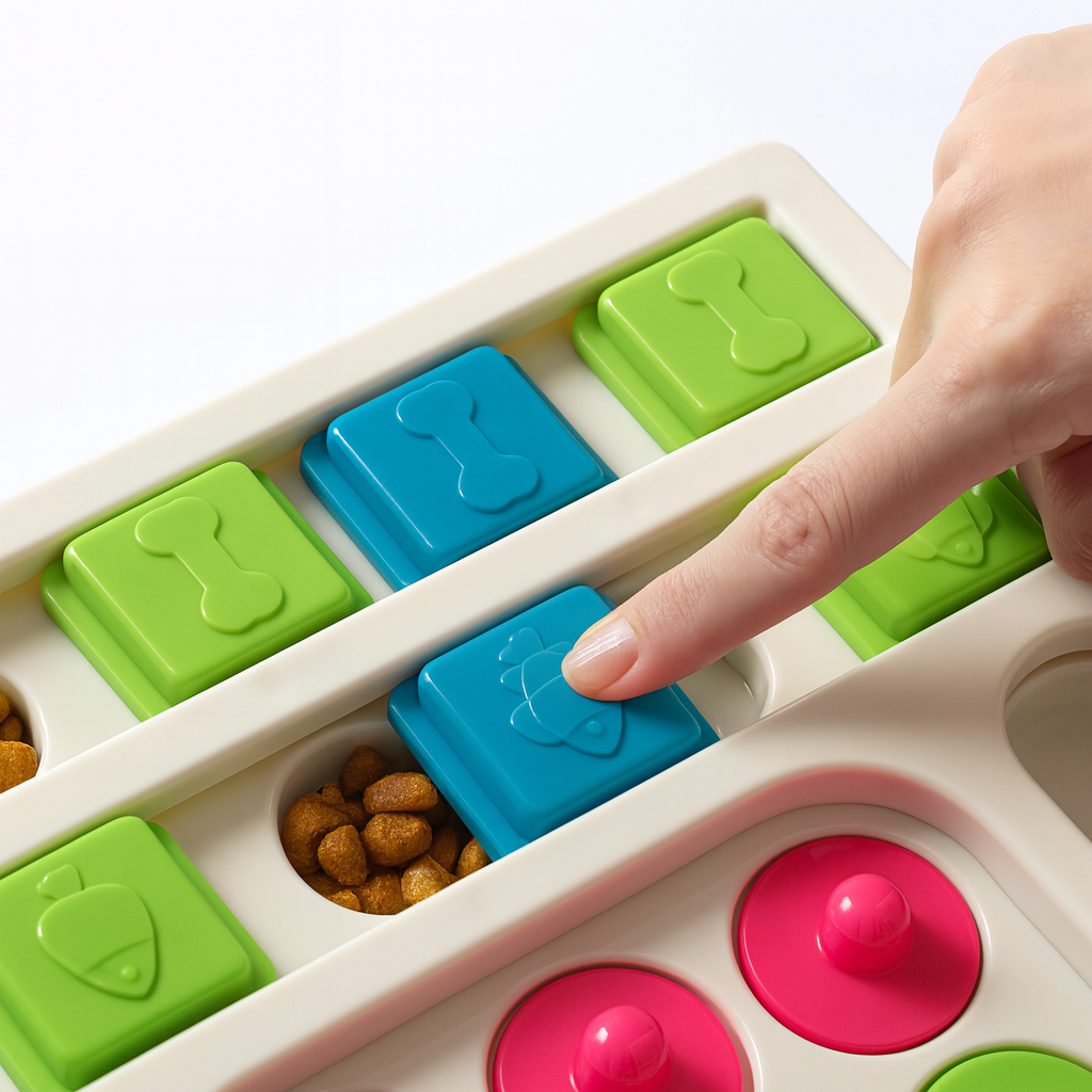 puzzle pour chien à friandise de couleur blanc avec des cachettes colorer. Image produit Boutiquechien