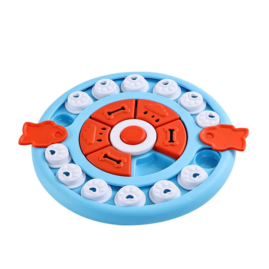 Puzzle pour chien de couleur bleu et blanc avec des rappels rouge dessus. Le puzzle est circulaire et possède de formes de poissons de couleur rouge. Image produit boutiquechien