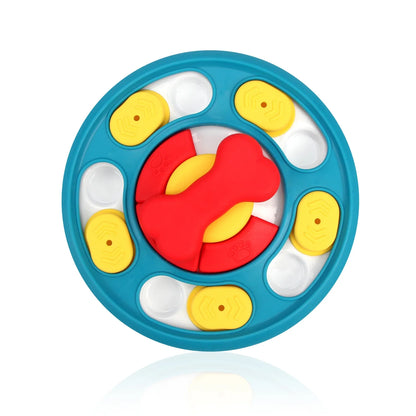 Puzzle circulaire avec avec un os rouge. Le puzzle est rond bleu avec des compartiments jaune. Image produit Boutiquechien