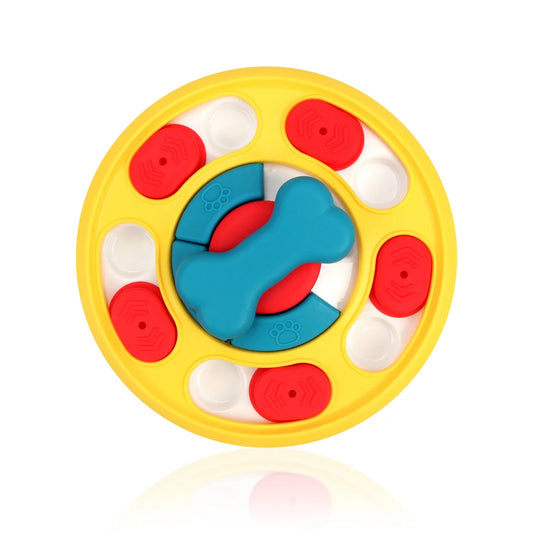 Puzzle circulaire avec avec un os bleu. Le puzzle est rond avec des compartiments rouge. Image produit Boutiquechien