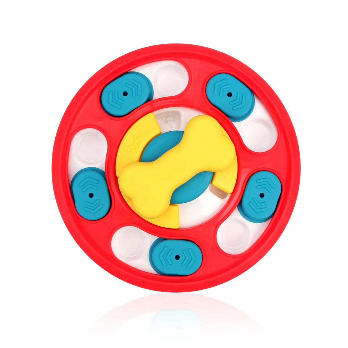 Puzzle circulaire avec avec un os jaune. Le puzzle est rond rouge avec des compartiments bleu. Image produit Boutiquechien