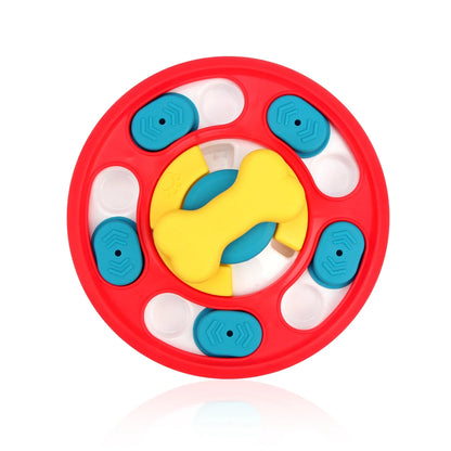 Puzzle circulaire avec avec un os jaune. Le puzzle est rond rouge avec des compartiments bleu. Image produit Boutiquechien