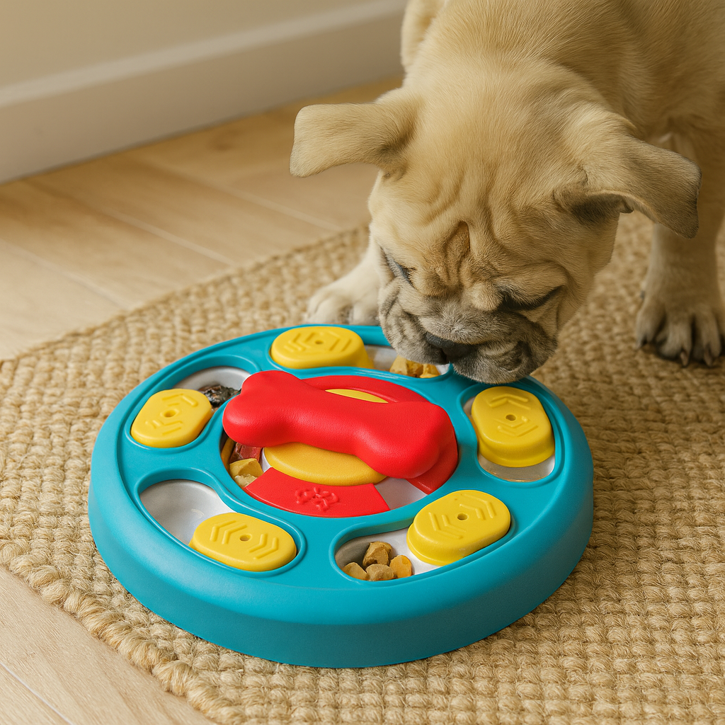 Puzzle pour chien bleu en forme de cercle. Il y a un buldog blanc mangeant dans le puzzle pour chien. Image produit Boutiquechien