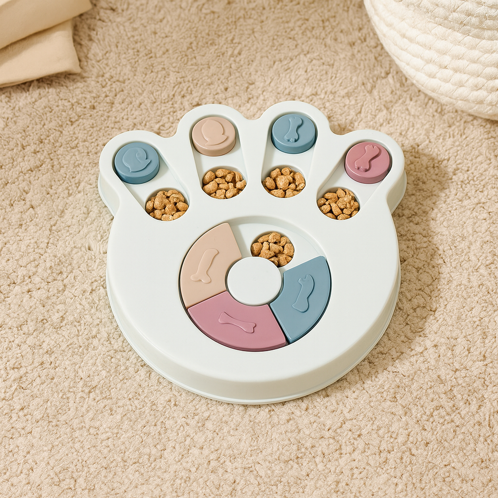 puzzle pour chien de couleur bleu posé sur un tapis blanc. Image produit Boutiquechien Image