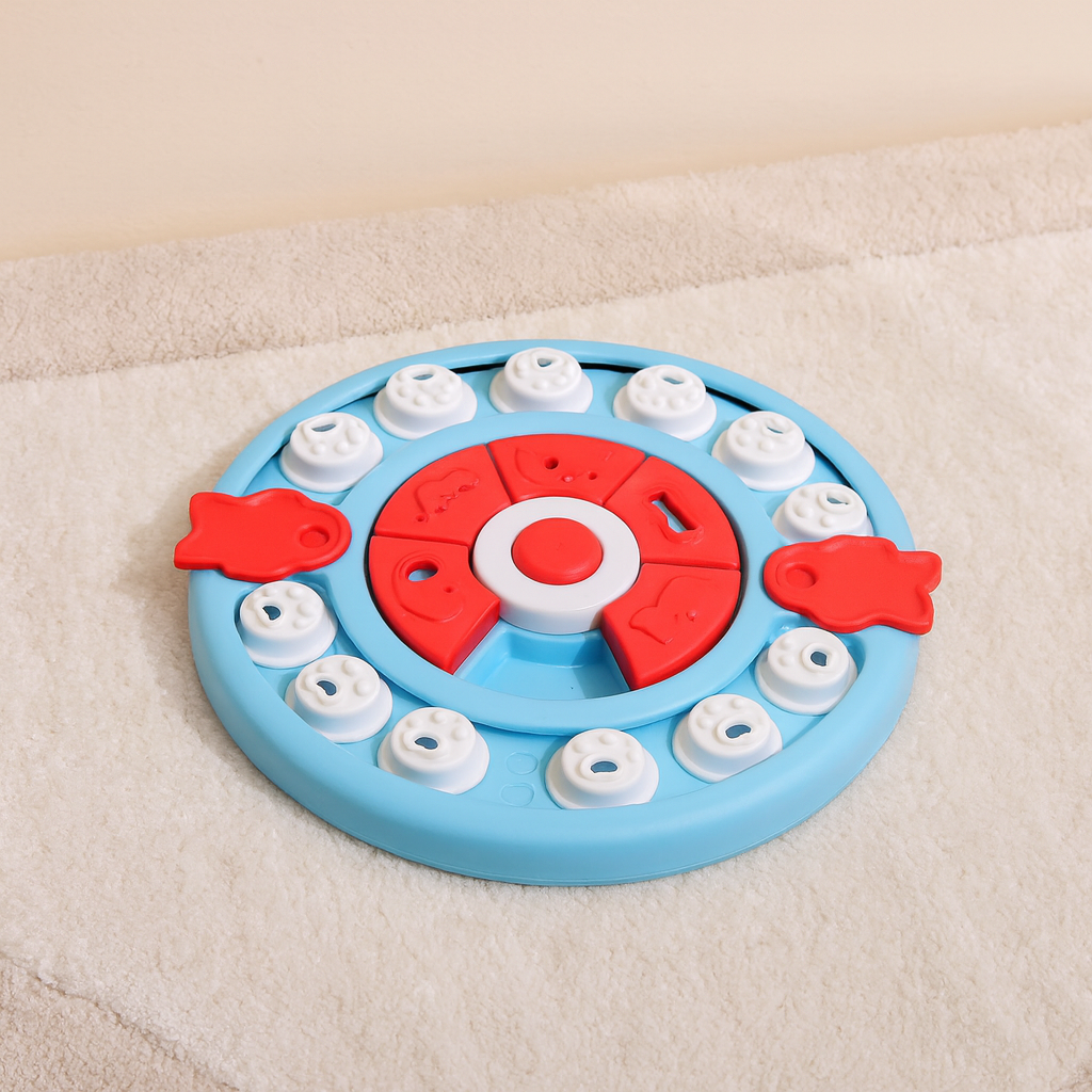 Puzzle pour chien de couleur blanc, bleu et rouge avec des formes de poisson. Le Puzzle est posé sur un tapis de couleur blanc. Image produit Boutiquechien