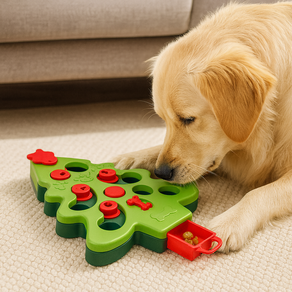 Grand chien blanc jouant avec un puzzle en forme de sapin de de noël de couleur vert et vert foncé avec des rappels rouges. Le chien est couché sur un tapis blanc avec en fond un canapé gris de boutiquechien