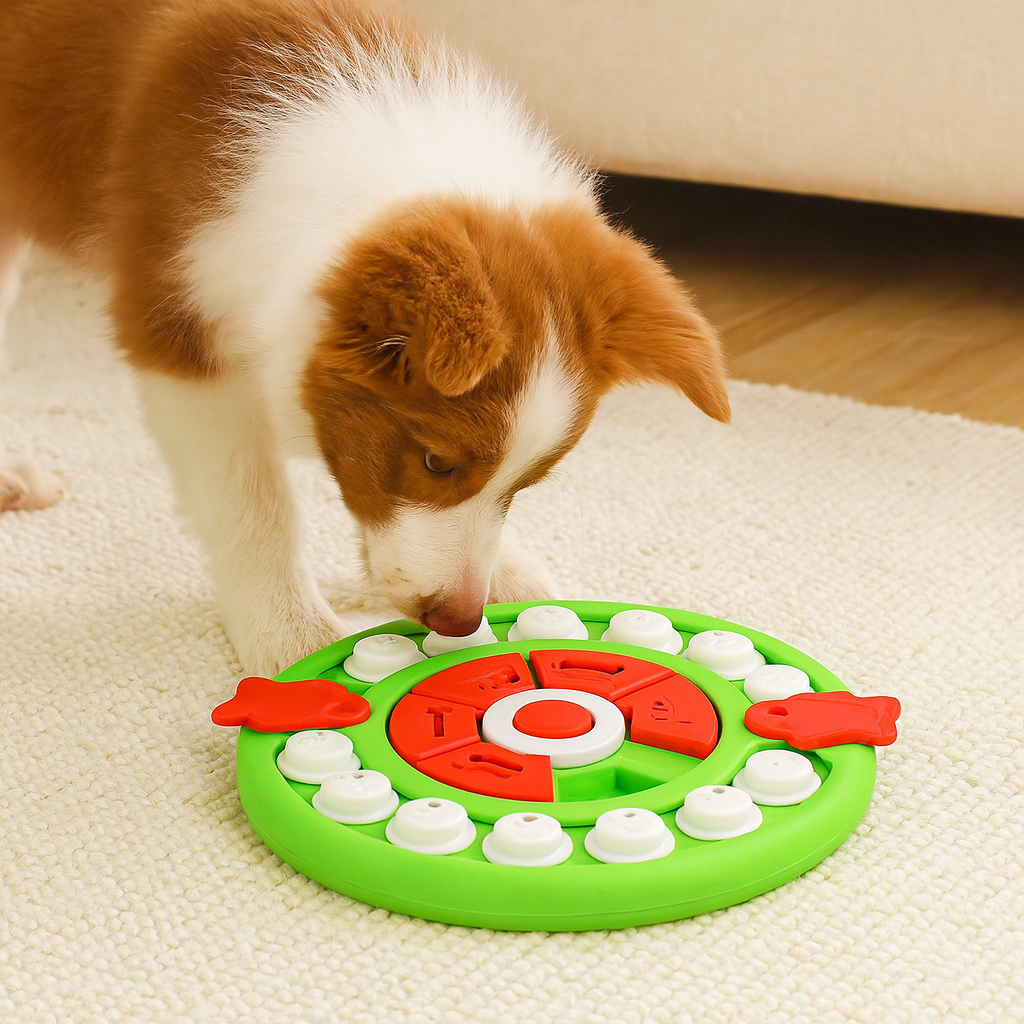 Puzzle pour chien de couleur vert, blanc et rouge avec un chien blanc et brun qui joue avec. Le puzzle pour chien est posé sur un tapis blanc dans un salon avec en fond un canapé blanc. Image produit boutiquechien Image
